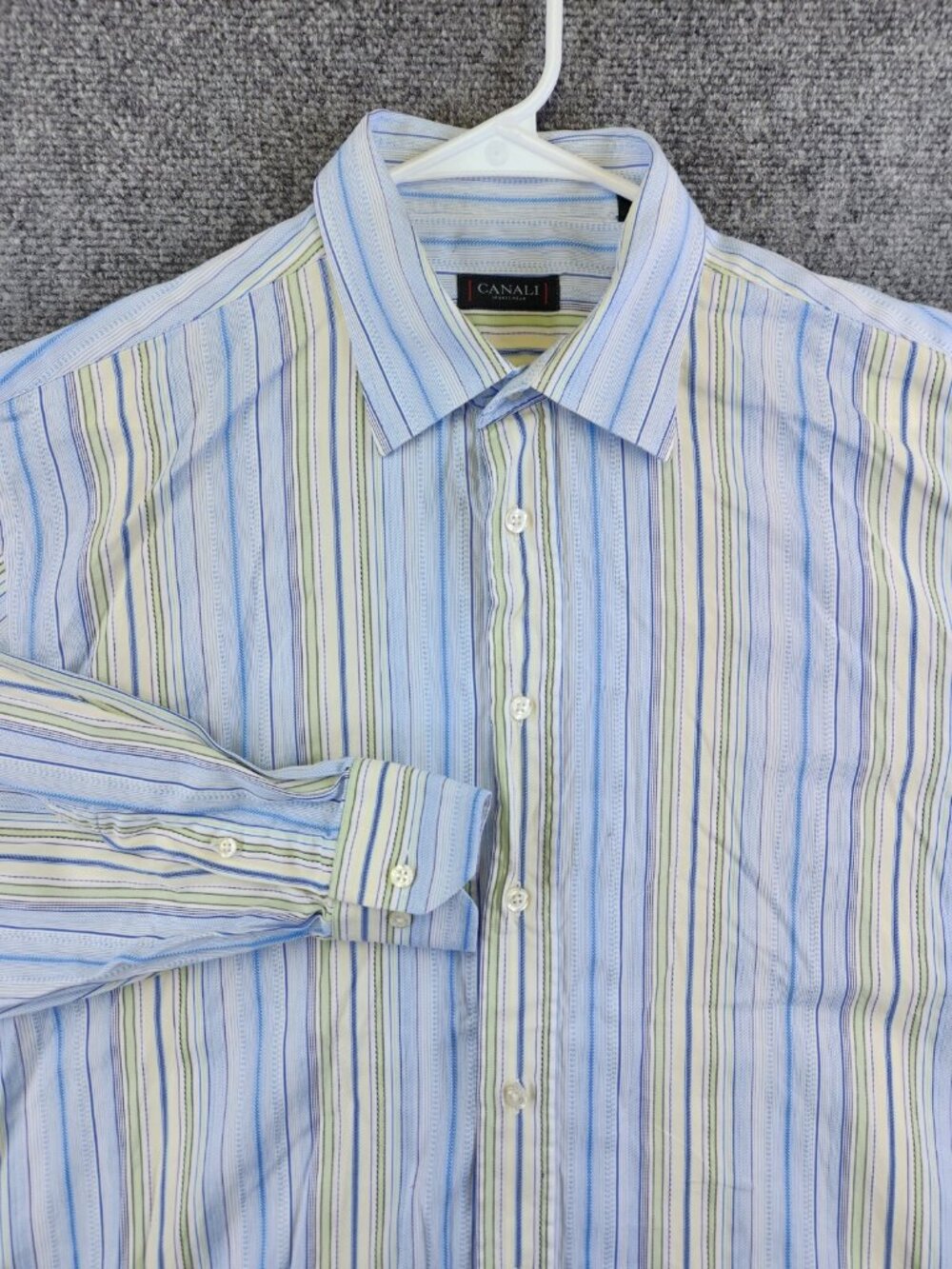 Canali Sportswear Mens XL Blue Green White Striped Long Sleeve Button Up Italy